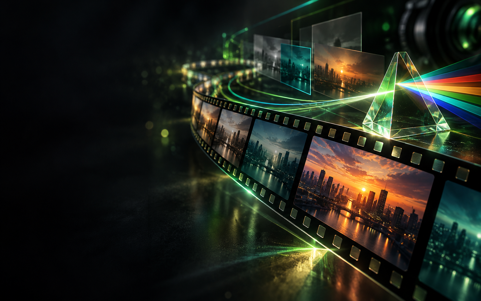 CinePost concept artwork with cinematic film frames, image layers, and an optical color prism